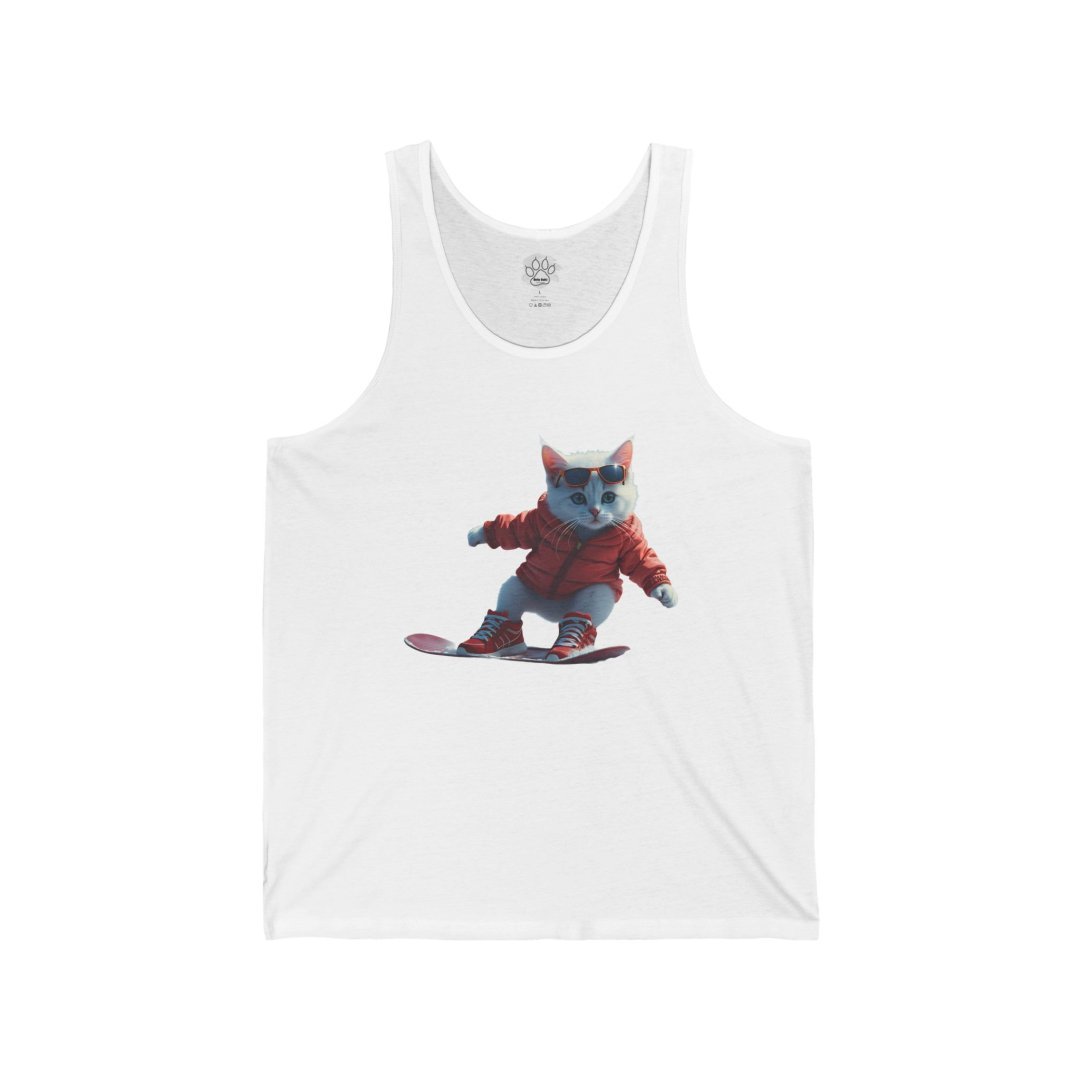 5488650069809067748_2048.jpeg Cat in a red jacket snowboarding on a tank top.