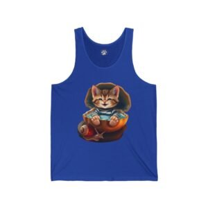 Bella Gatti Kitten Unisex Graphic Tank Top Blue tank top with a cute kitten in a striped shirt inside a snail shell.