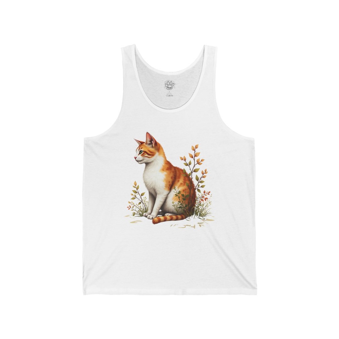 5600042556973822989_2048.jpeg White tank top with an illustration of an orange tabby cat among flowers.