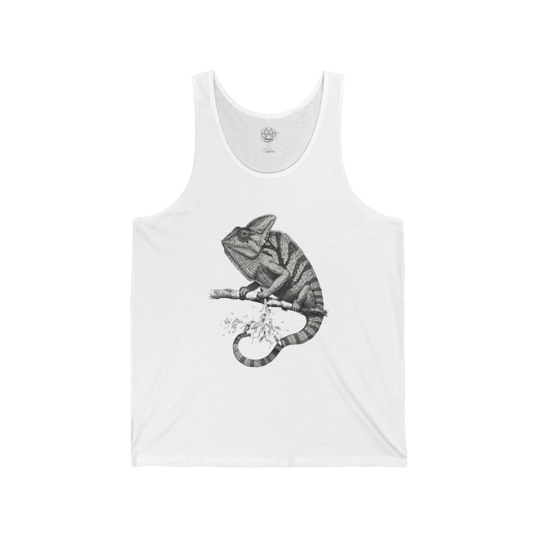 5629854606467183021_2048.jpeg White tank top with a detailed chameleon illustration.