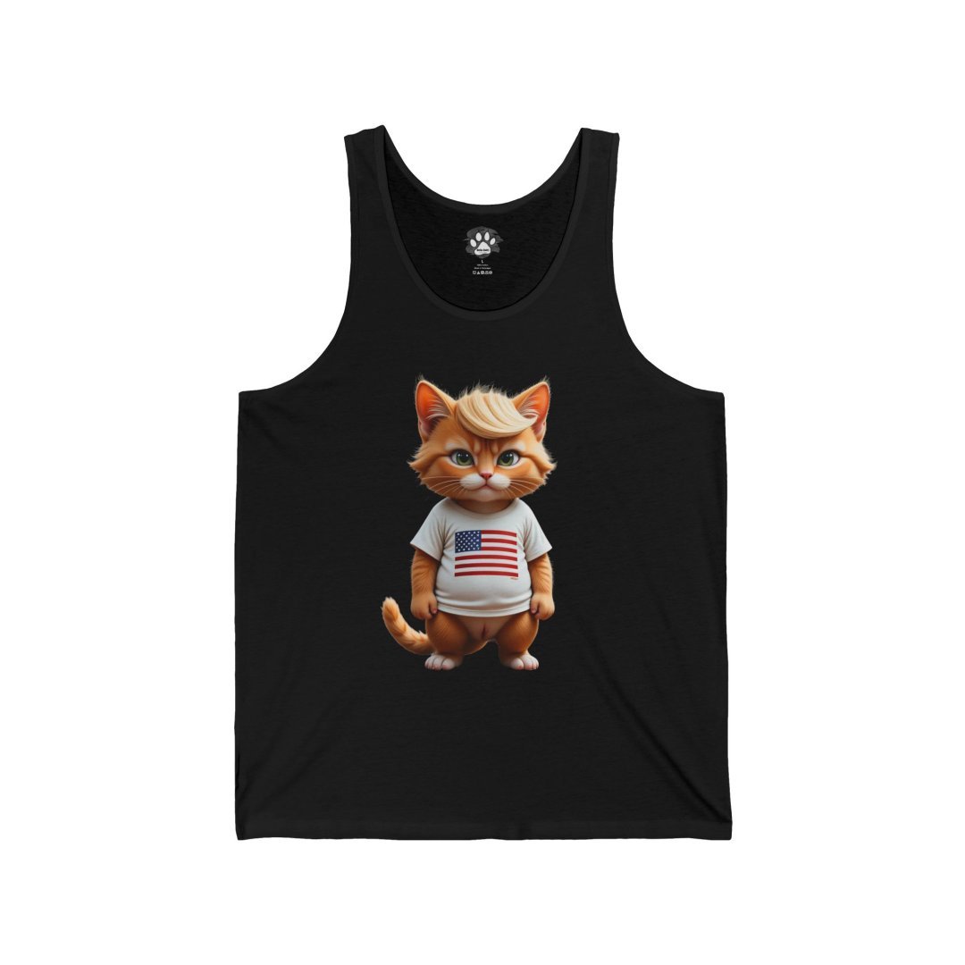 5787398179193367366_2048.jpeg Cute cartoon cat in a US flag shirt on a black tank top.