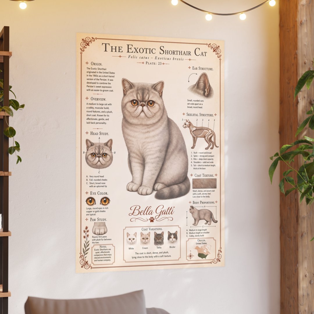 5862862675881824028_2048-1.jpeg Poster of an Exotic Shorthair cat with detailed information.