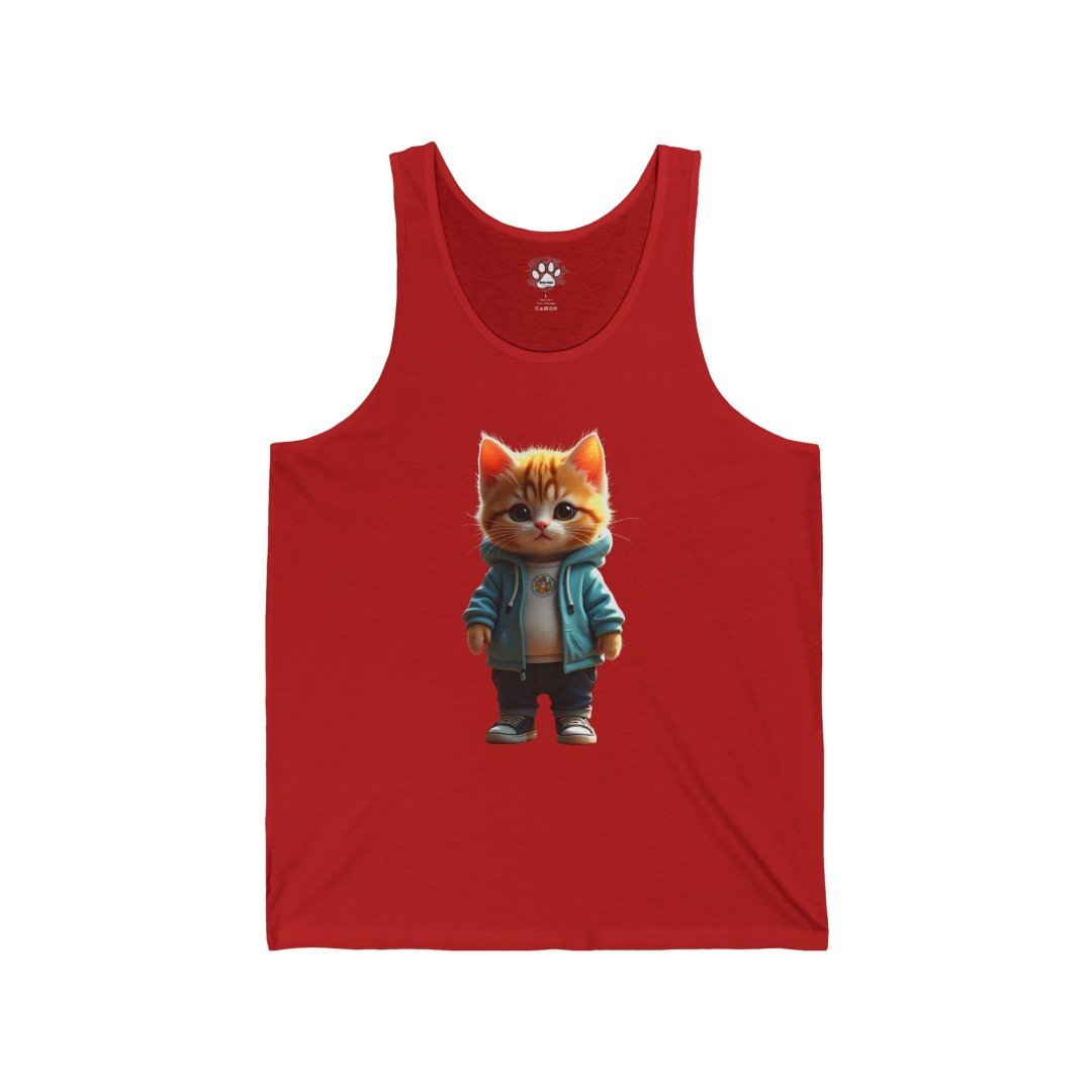 6174582506405227701_2048.jpeg Red tank top featuring a cute cartoon cat in a blue jacket.