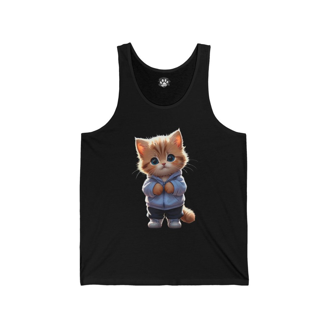 6561143384595253761_2048.jpeg Cute cartoon kitten wearing a hoodie on a black tank top.