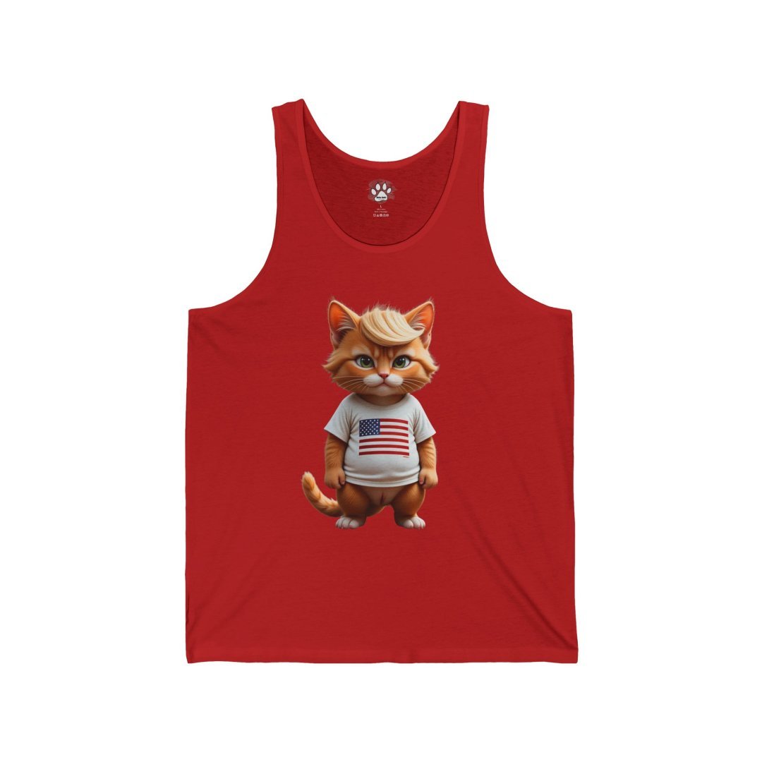 6673708396991220328_2048.jpeg Red tank top with a cartoon cat wearing a USA flag shirt.