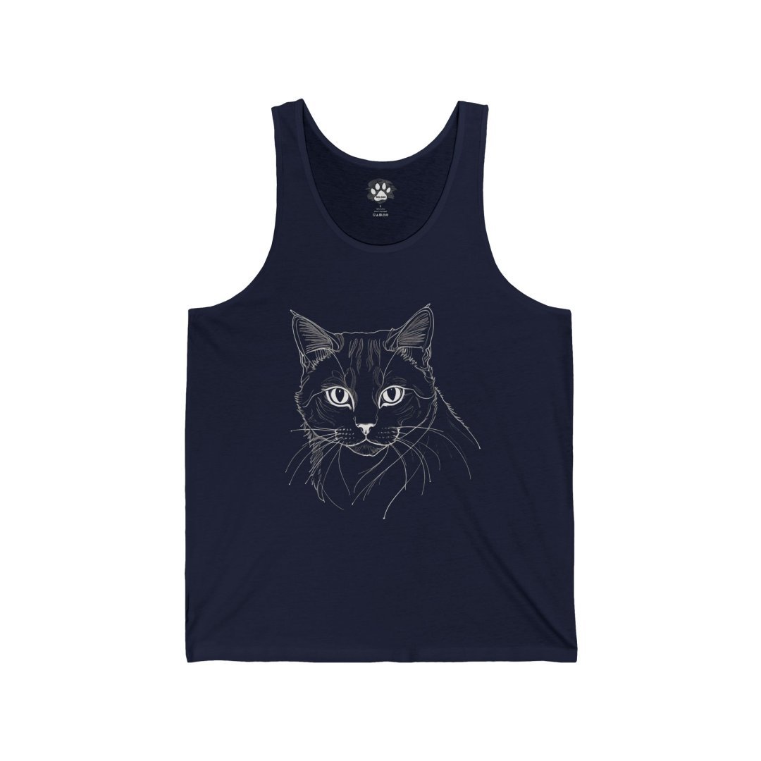 6716363489014919905_2048.jpeg Navy blue tank top with a white line drawing of a cat's face.