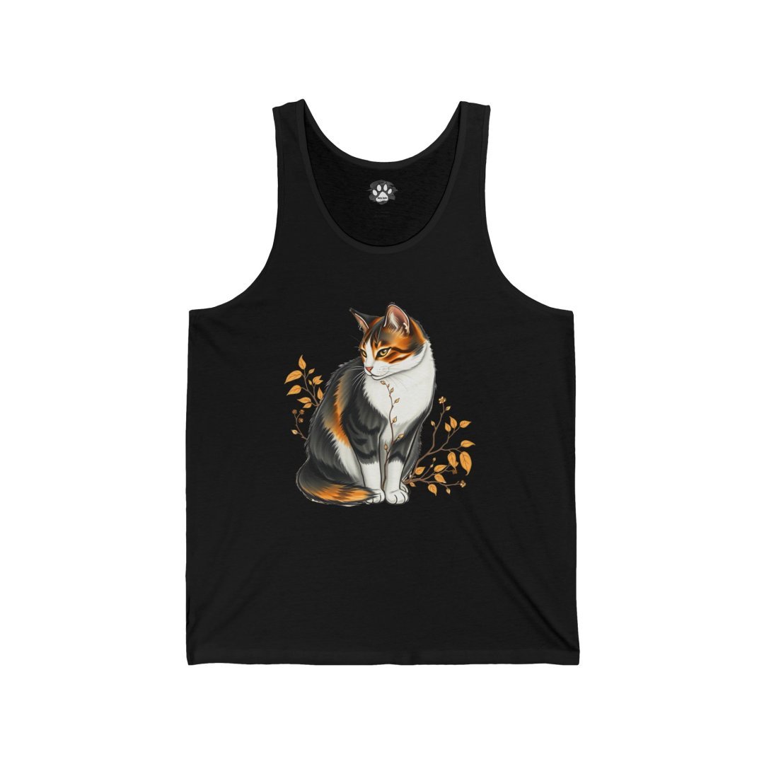 6768883194758842318_2048.jpeg Black tank top with a calico cat illustration surrounded by leaves.
