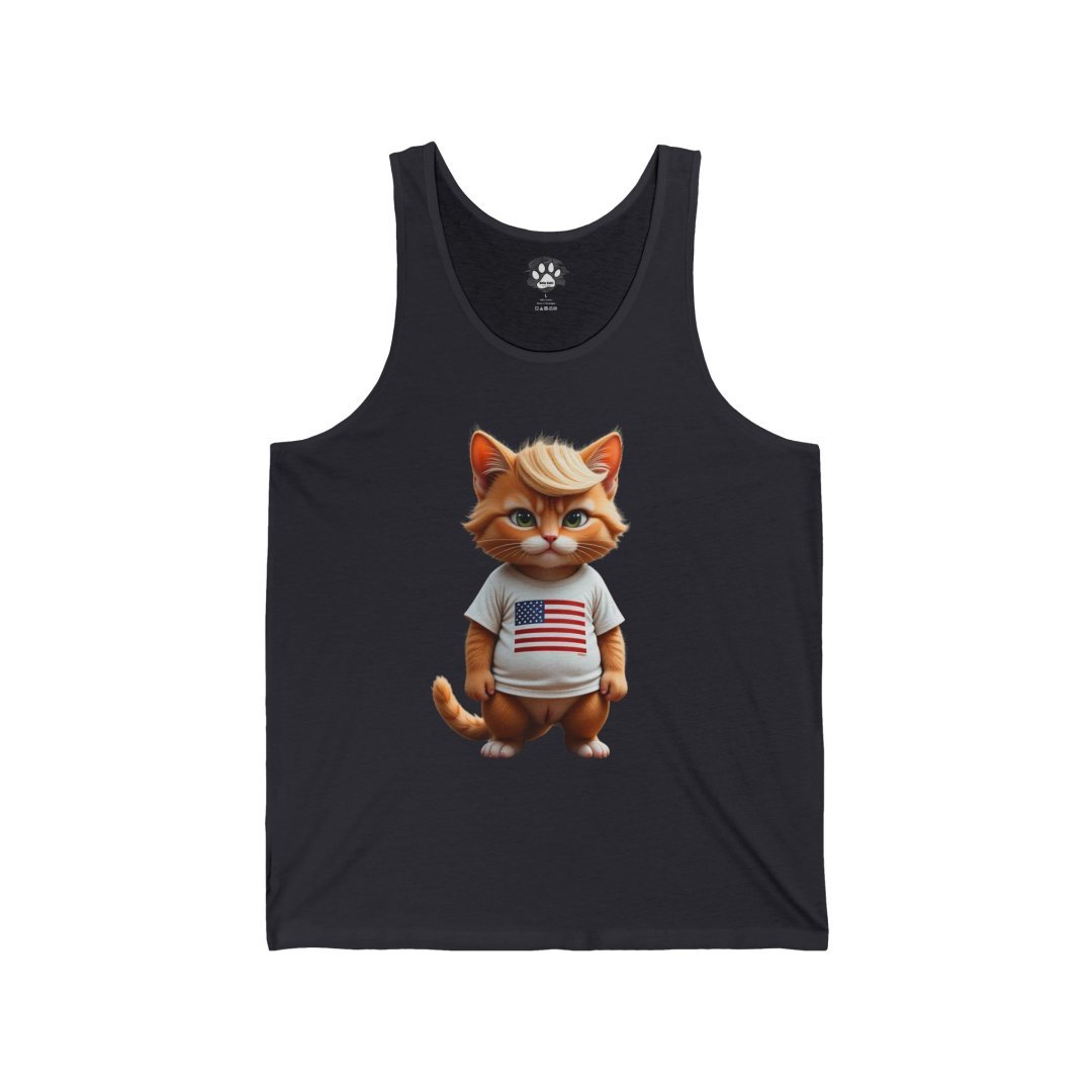 6875167447503623568_2048.jpeg Cartoon cat wearing a USA flag shirt on a black tank top.
