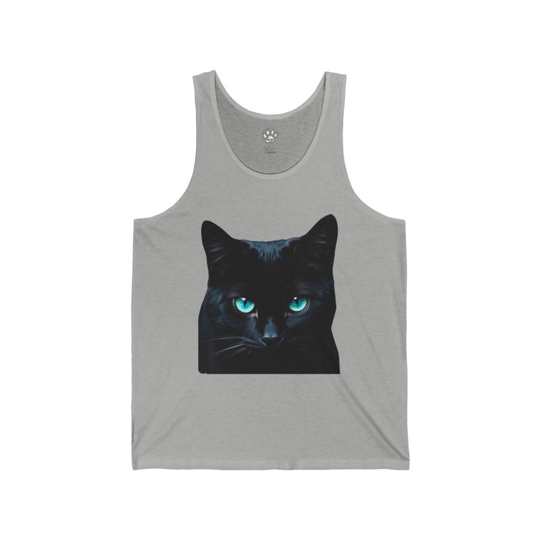 6962447721446818604_2048.jpeg Gray tank top with a black cat graphic and striking blue eyes.