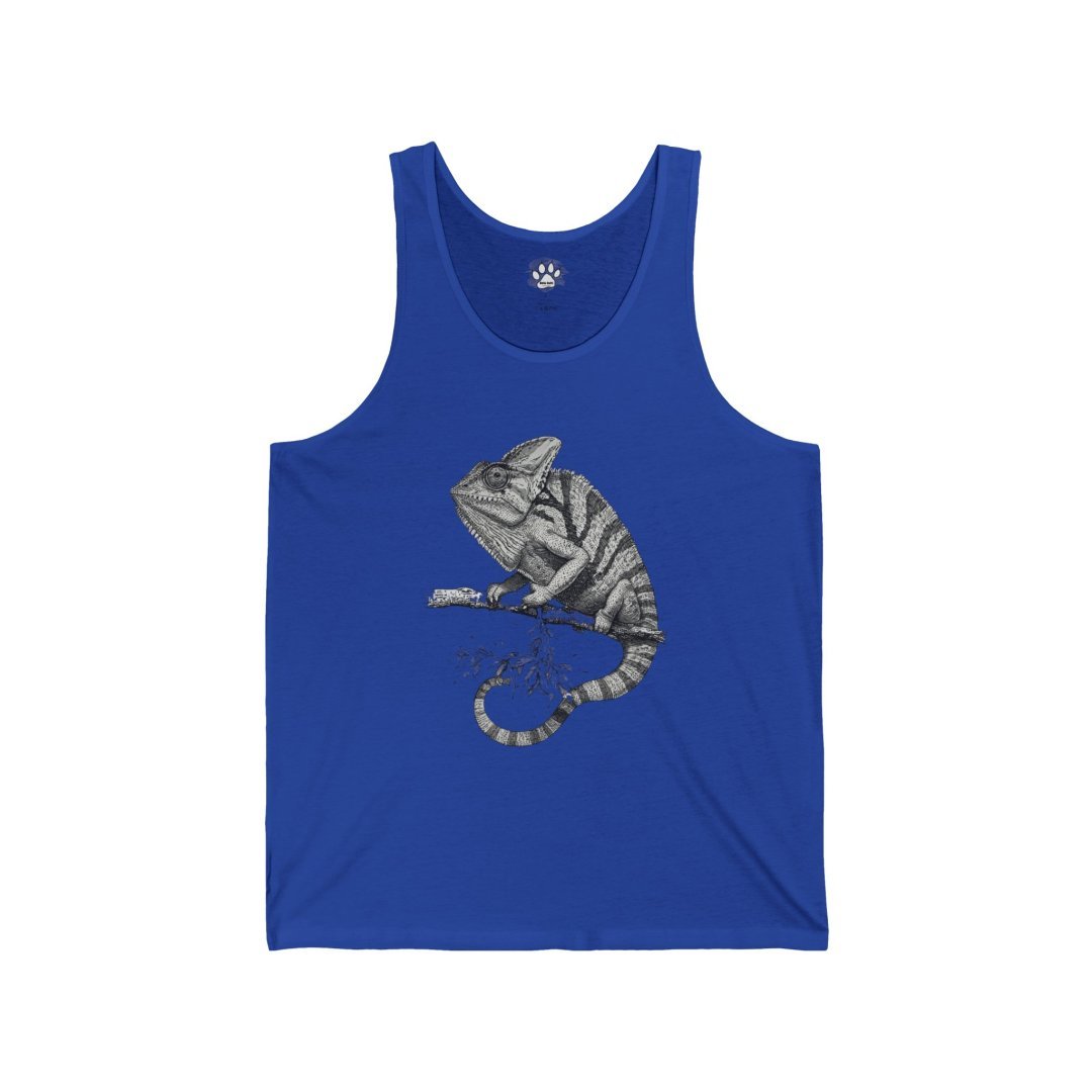 6993241328522118679_2048.jpeg Blue tank top with a chameleon illustration on a branch.