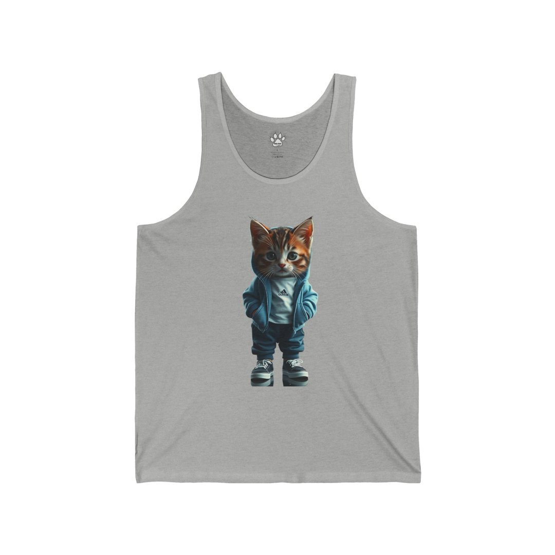 713145861952537157_2048.jpeg Gray tank top with a cat in a blue jacket and sneakers.