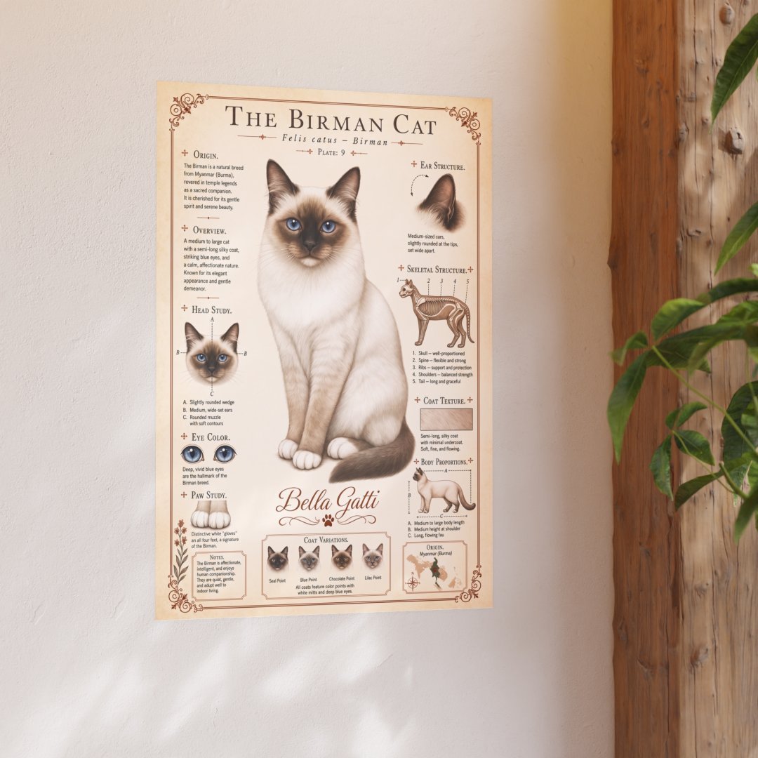 7197918008866616635_2048.jpeg Poster of a Birman cat with detailed information and illustrations.