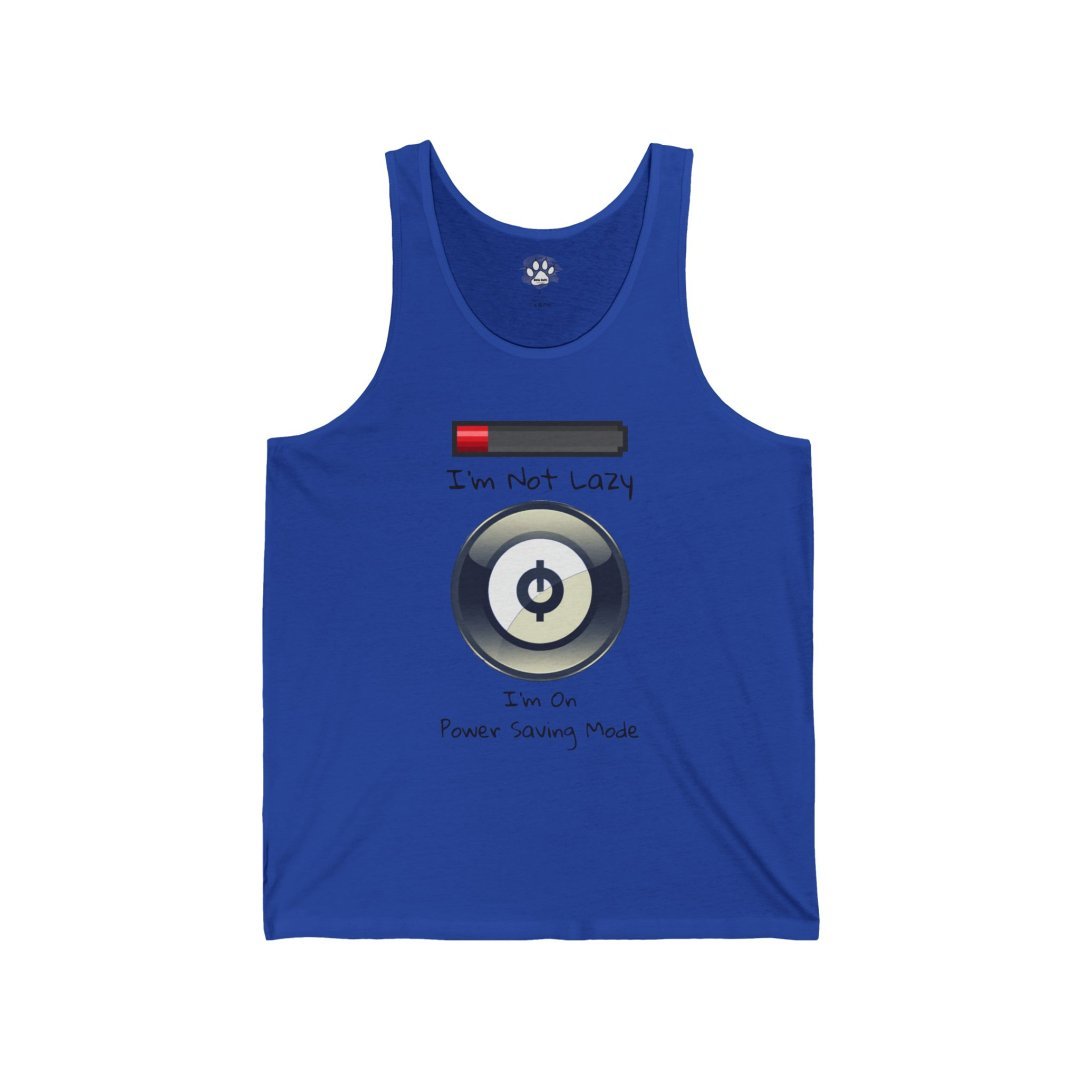 7271561367295272604_2048.jpeg Blue tank top with a power button design and text about power saving mode.