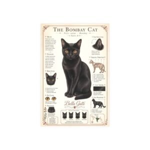 Bengal Cat Breed Poster Illustrated guide of a Bombay cat with detailed features and characteristics.