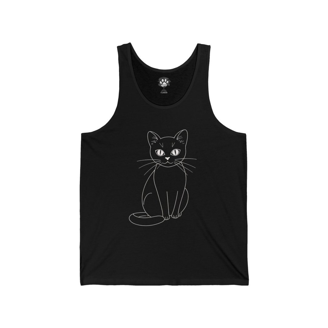 7621220550980604245_2048.jpeg Black tank top with a minimalist cat illustration.