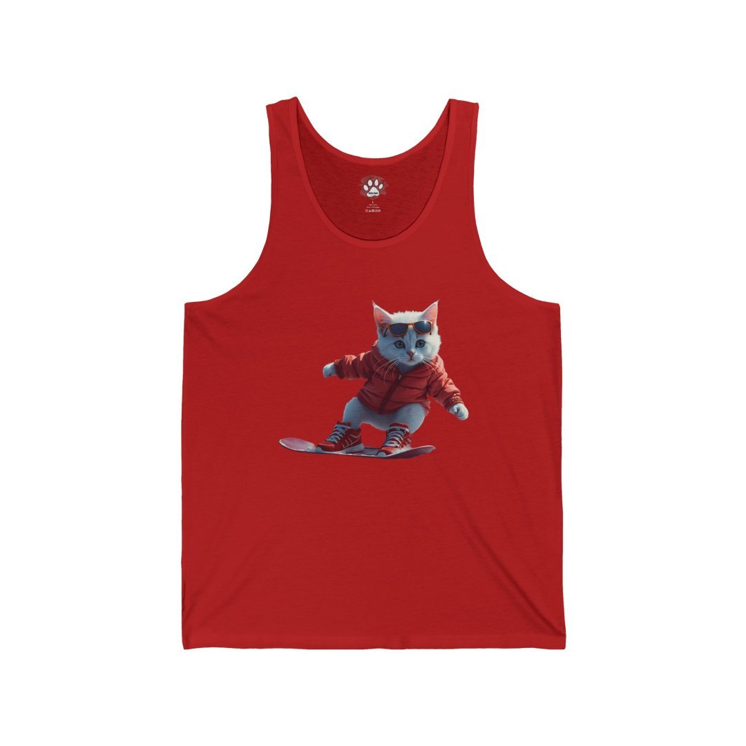 7948374845094682565_2048.jpeg Red tank top featuring a cat snowboarding in a red outfit.