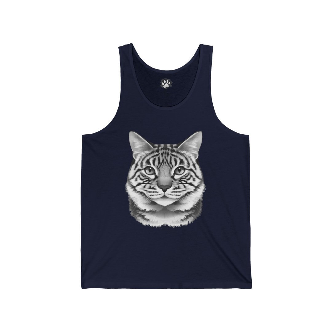 7982947082967547877_2048.jpeg Navy tank top with a detailed cat face illustration.
