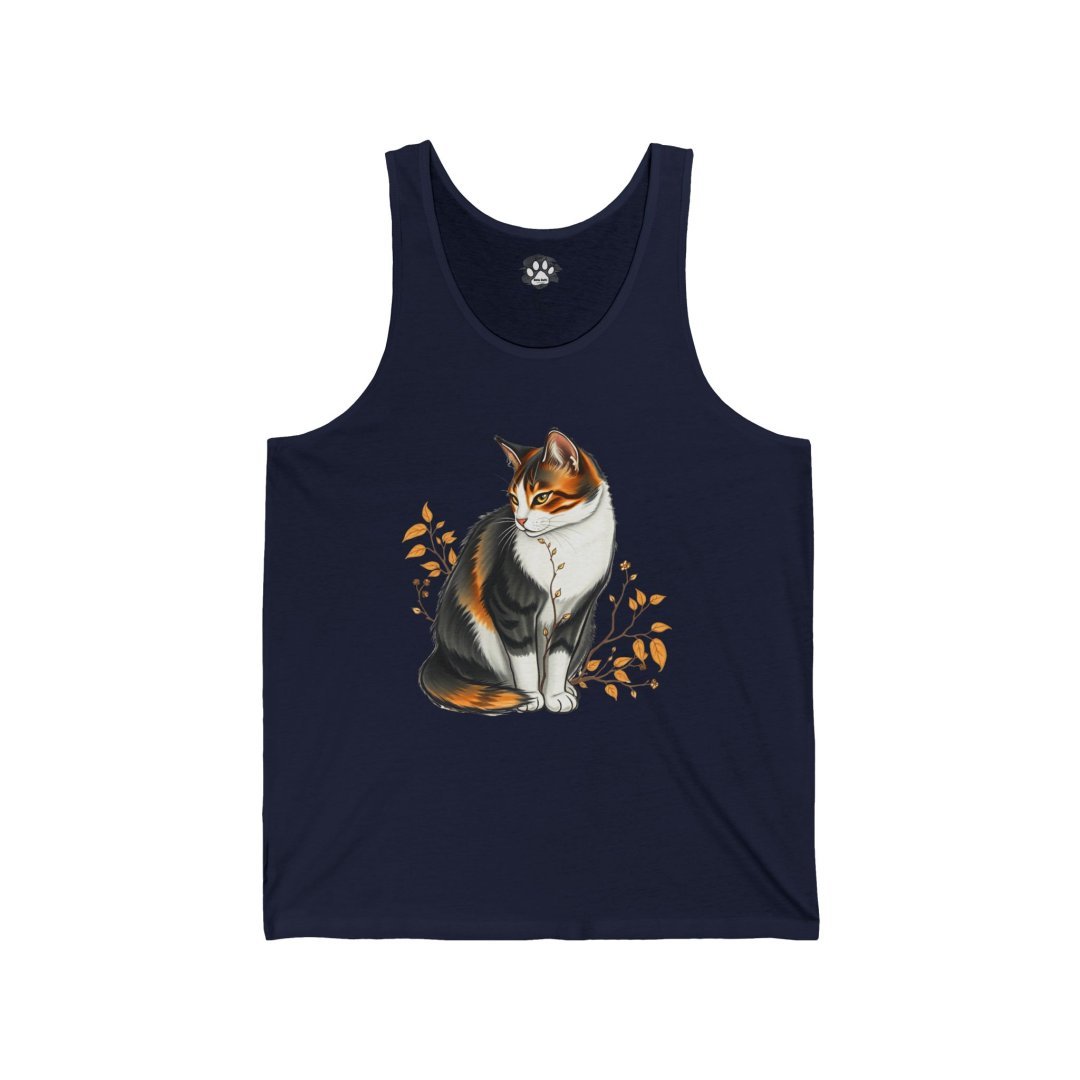 8068546913871536972_2048.jpeg Navy tank top with a calico cat and autumn leaves design.