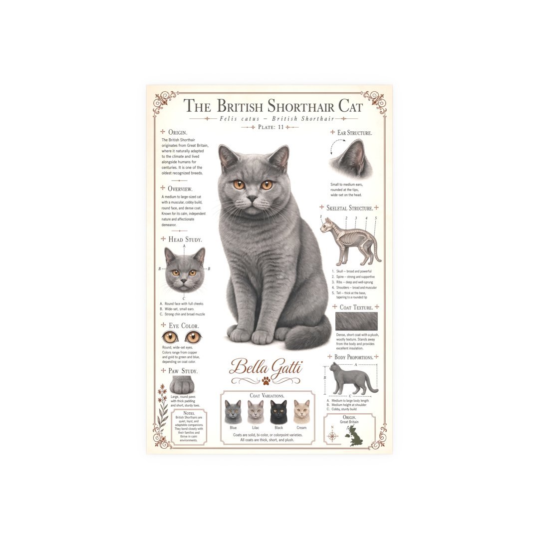 Illustrated guide of the British Shorthair cat with detailed features.