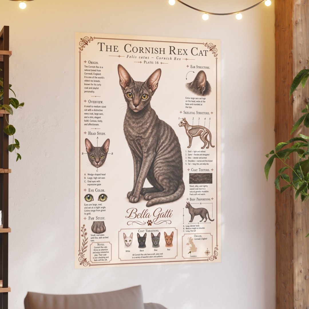 8113674683929141810_2048-1.jpeg Illustrated poster of a Cornish Rex cat with detailed features and breed information.