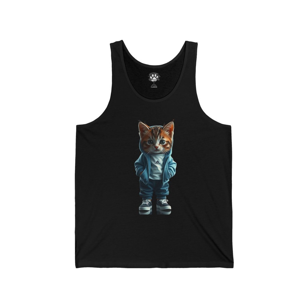 8342039622306482204_2048.jpeg Tank top with a graphic of a cat wearing a hoodie and sneakers.