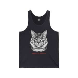 Black tank top with a detailed cat face design and Bella Gatti text.