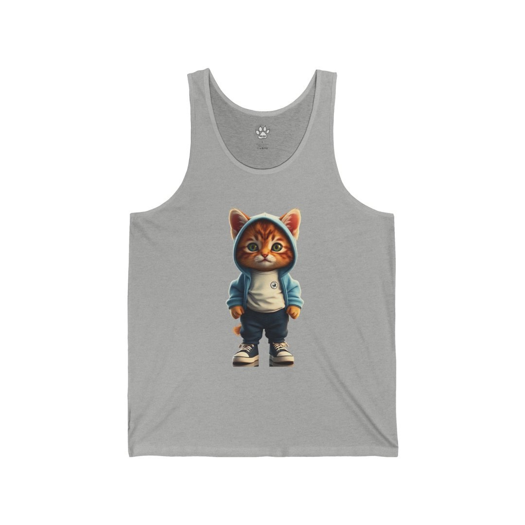 8367465053342275633_2048.jpeg Tank top with a cute cat in a hoodie and sneakers illustration.