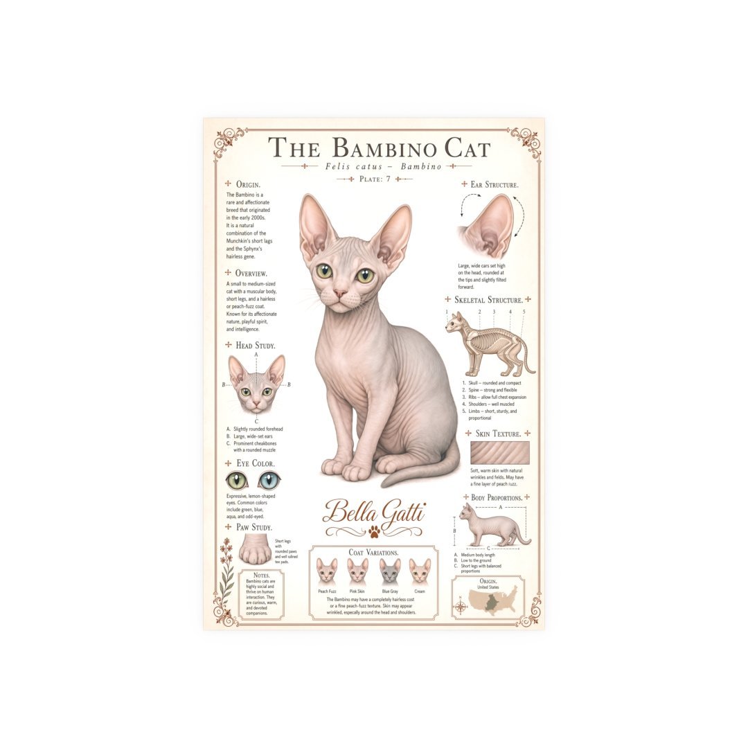 Illustration of a Bambino cat with detailed features and characteristics.