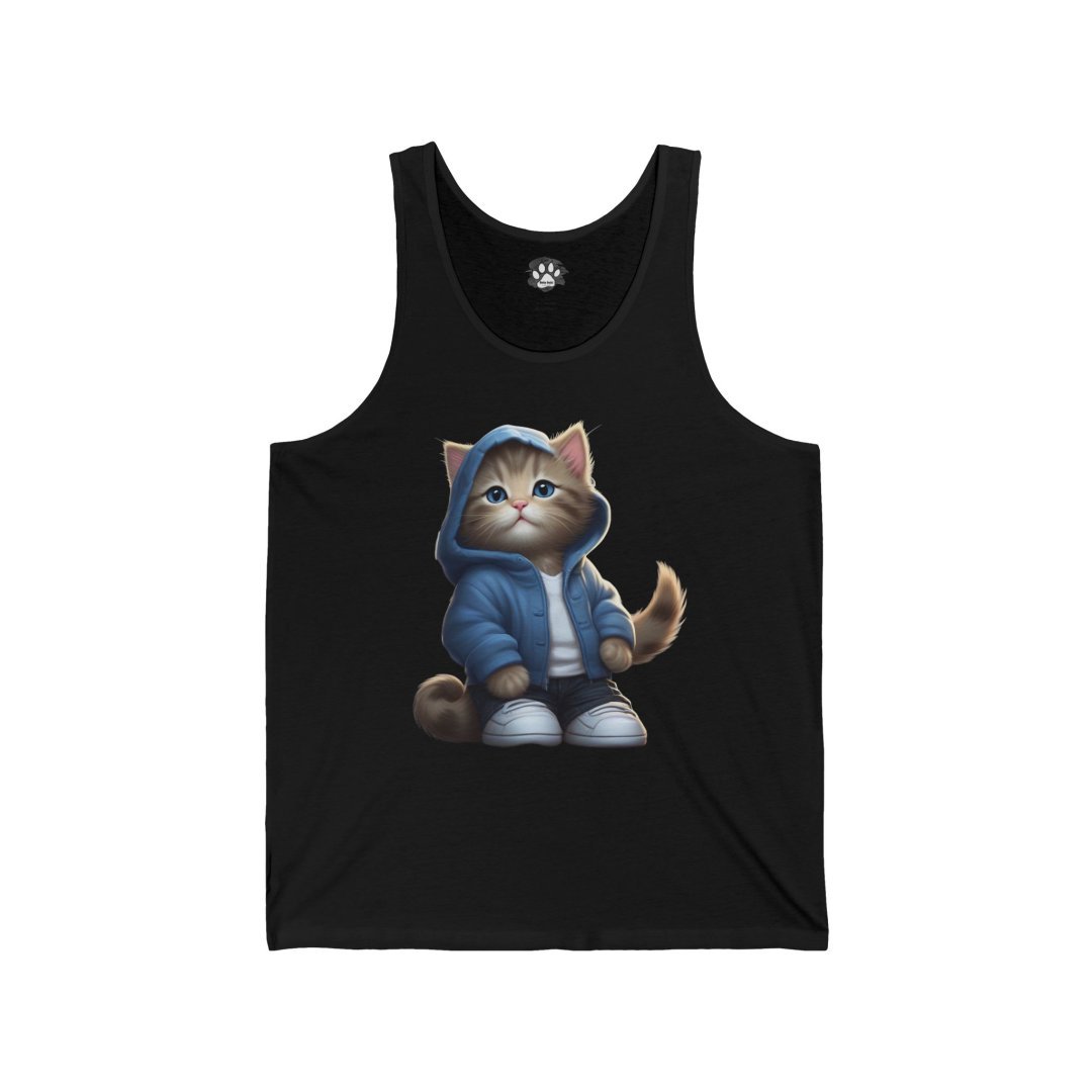 8942262059890562988_2048.jpeg Cute cat wearing a blue hoodie on a black tank top.