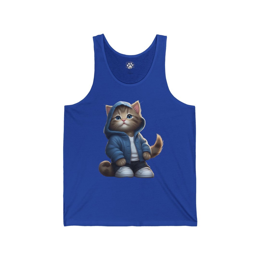 9041462347722434496_2048.jpeg Blue tank top with a cute cat in a hoodie illustration.