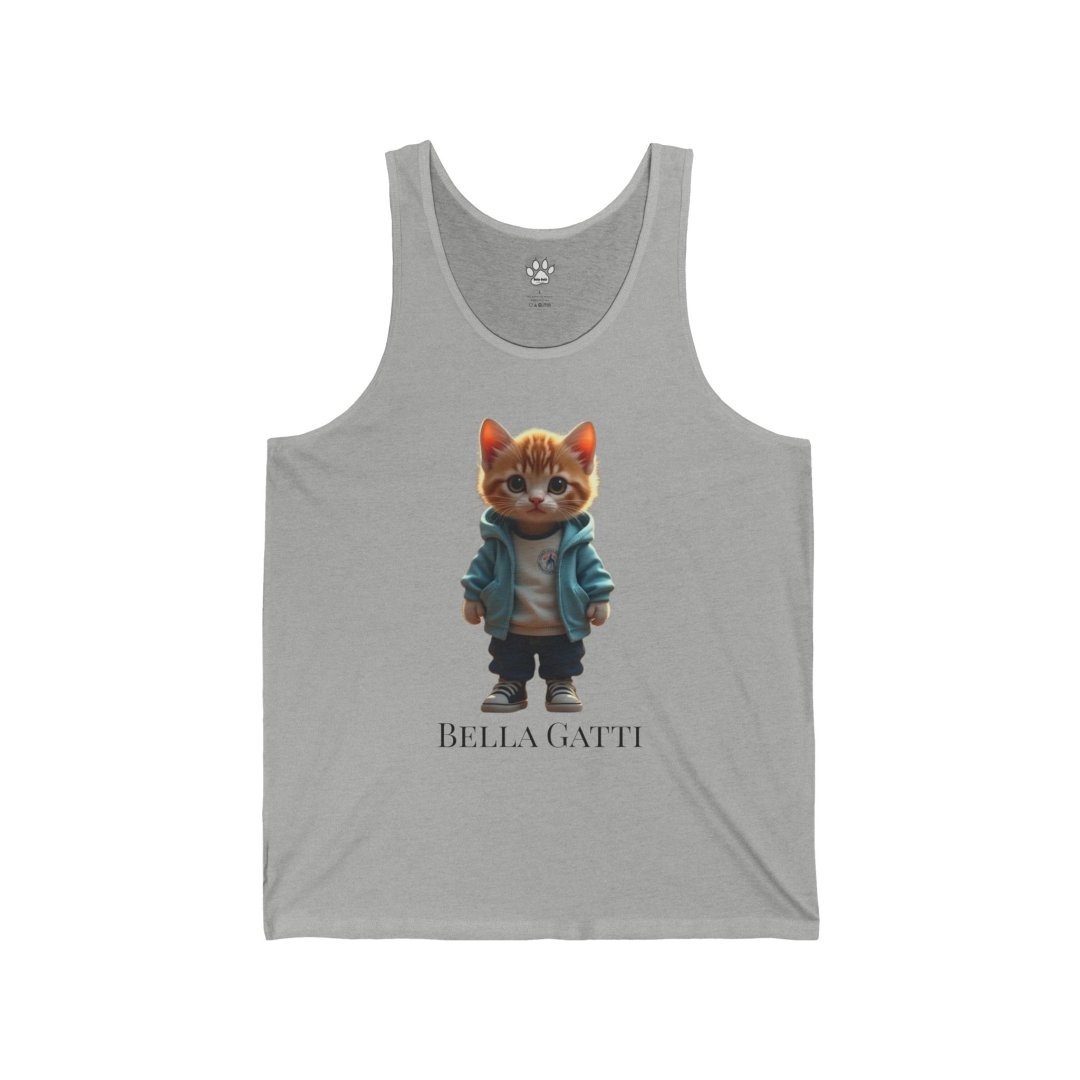 9263819705726985171_2048.jpeg Gray tank top with cartoon cat in a blue jacket and jeans.