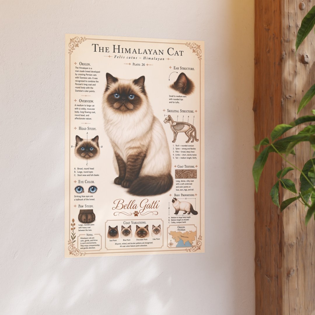 947883708506418301_2048.jpeg Illustrated poster of a Himalayan cat with detailed features and characteristics.