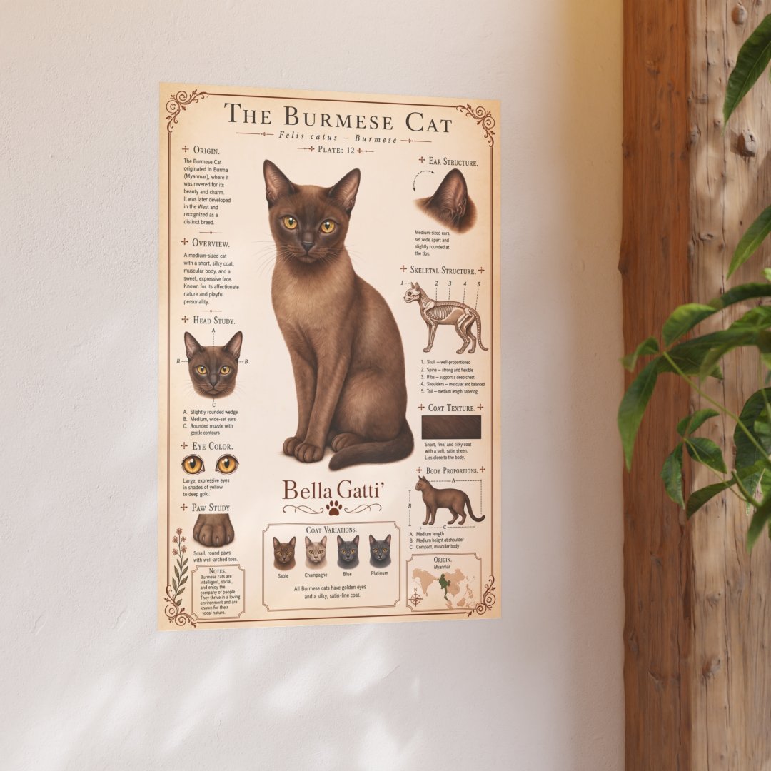 9484690931346582140_2048.jpeg Illustrated poster of a Burmese cat with detailed features and characteristics.
