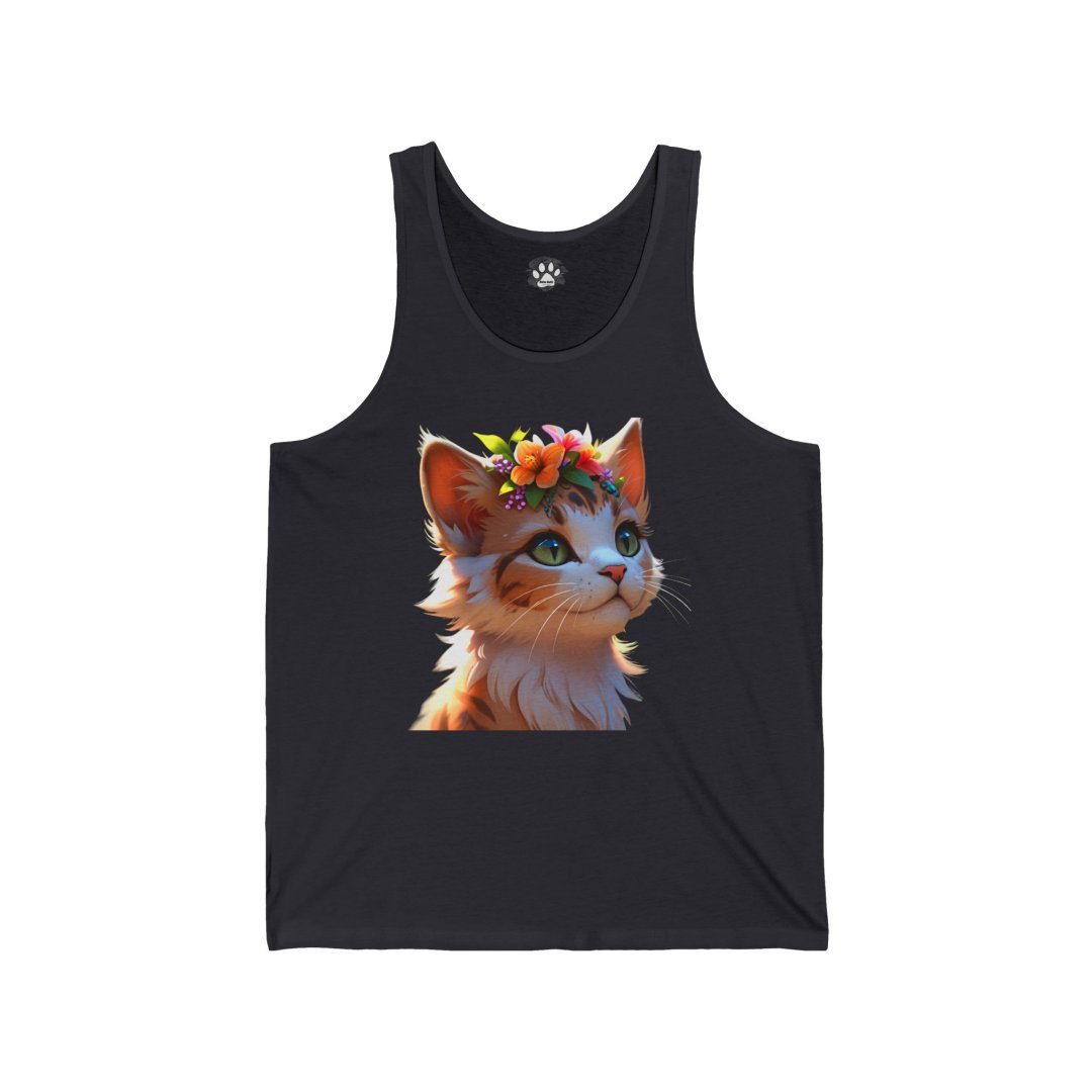 9698152905314337808_2048.jpeg Cute kitten wearing a flower crown on a black tank top.