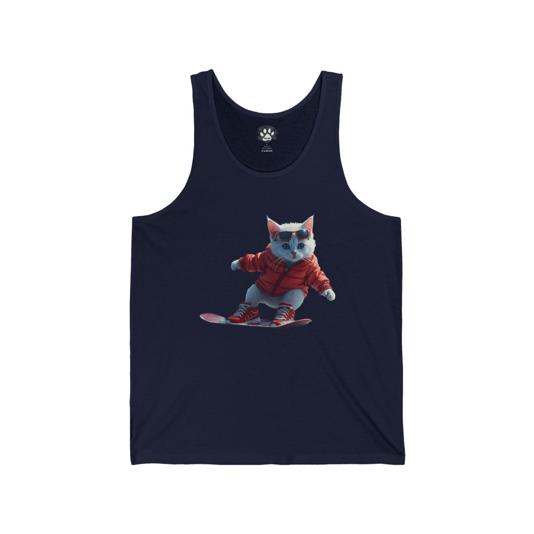 9792298862386953133_2048.jpeg Tank top featuring a cat in a red jacket skateboarding.