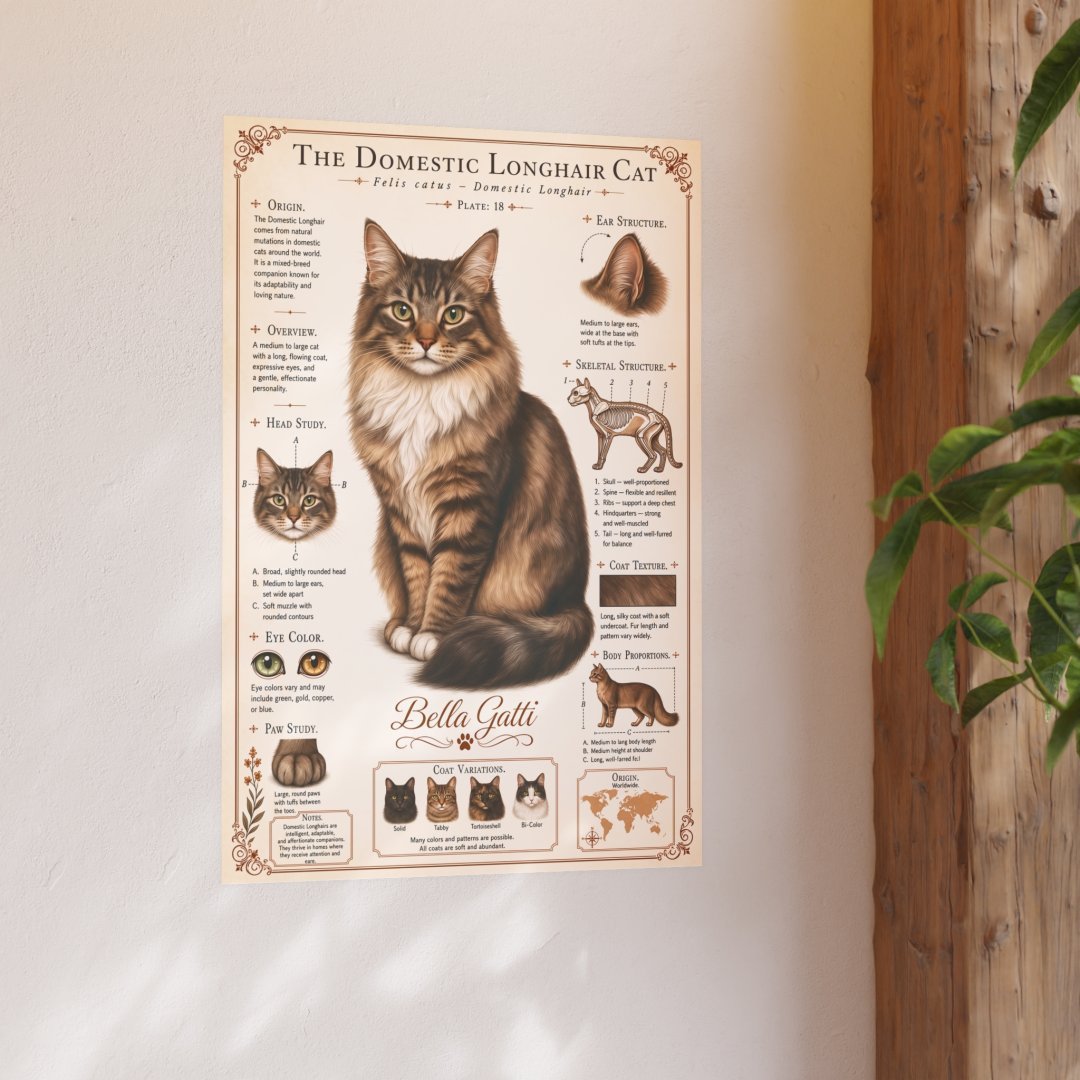 9867009167734107755_2048.jpeg Poster of a Domestic Longhair Cat with detailed information.