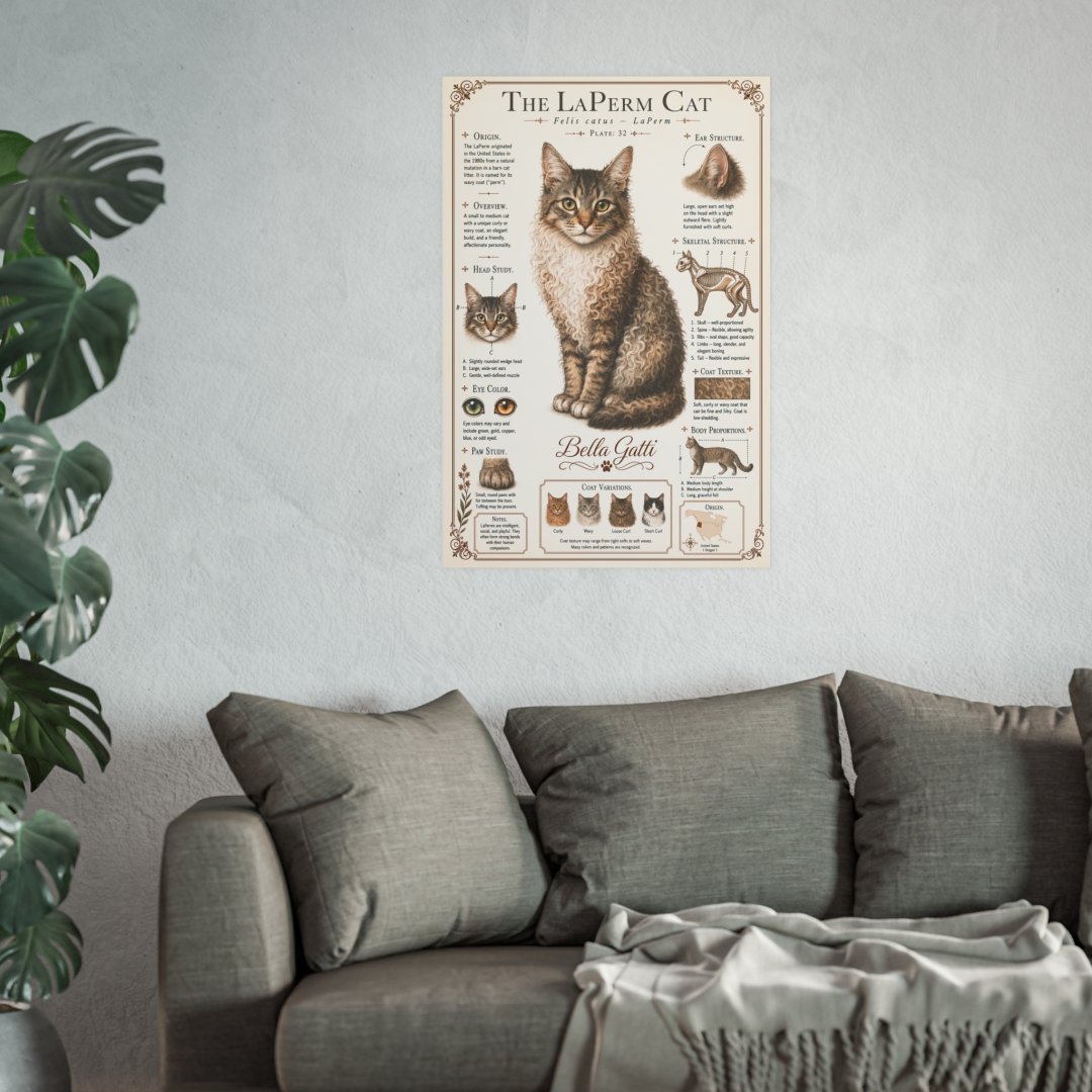 10794152685824576509_2048.jpeg Poster of a LaPerm cat with detailed information on a wall above a sofa.