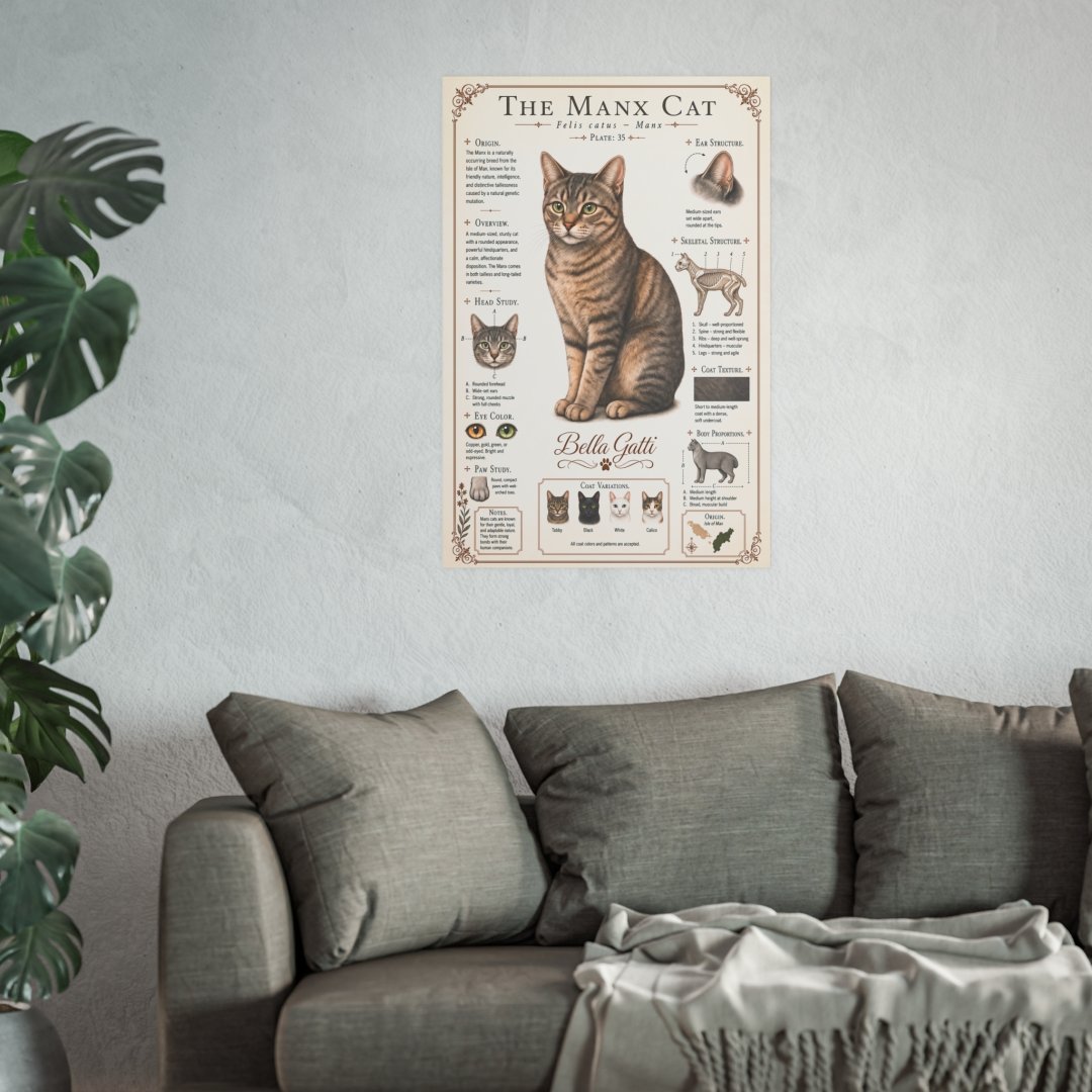 16986884768016188206_2048.jpeg Poster of the Manx cat with detailed information on a wall above a gray sofa.