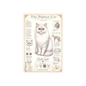 Persian Cat Breed Poster Illustration of a Persian cat with detailed breed information.