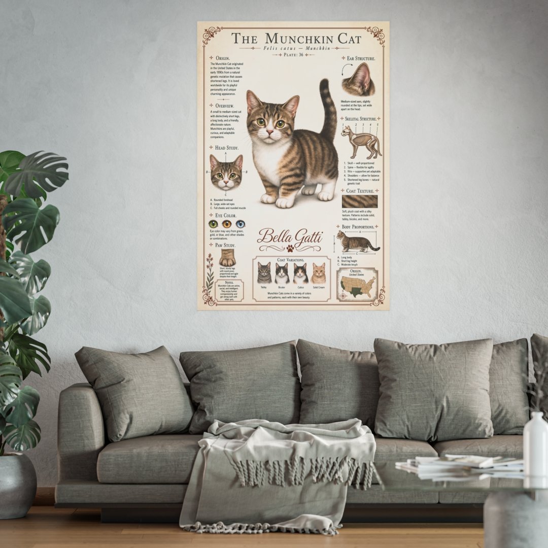 3983206610123309045_2048.jpeg Living room with a poster of a Munchkin cat above a gray sofa.