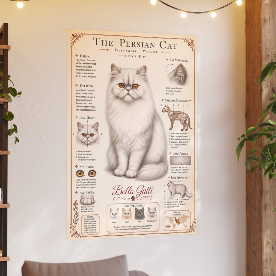 4411344283799735882_2048.jpeg Illustrated poster of a Persian cat with detailed features and care tips.