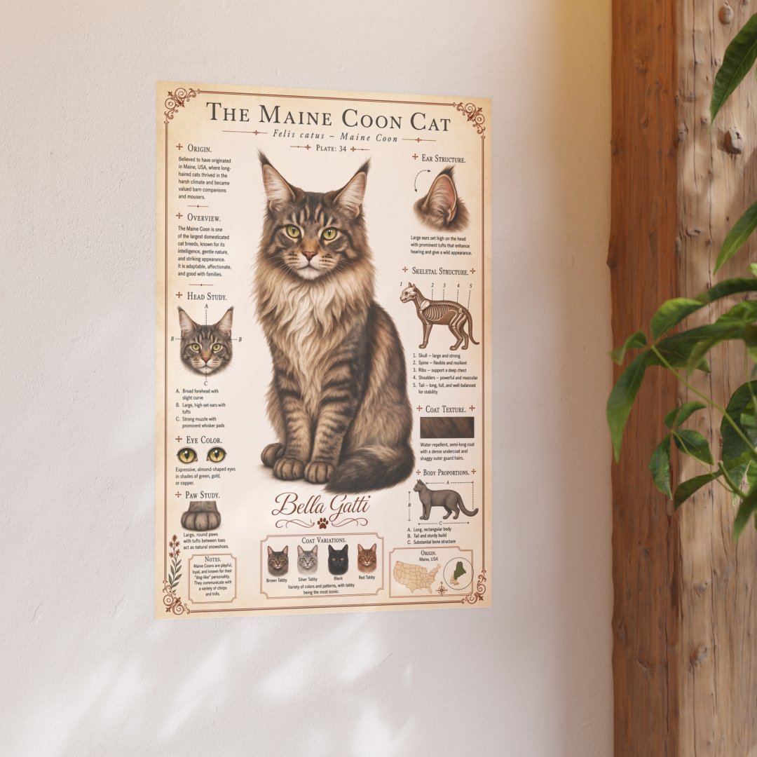 5551694427446238391_2048.jpeg Poster of a Maine Coon cat with detailed information.