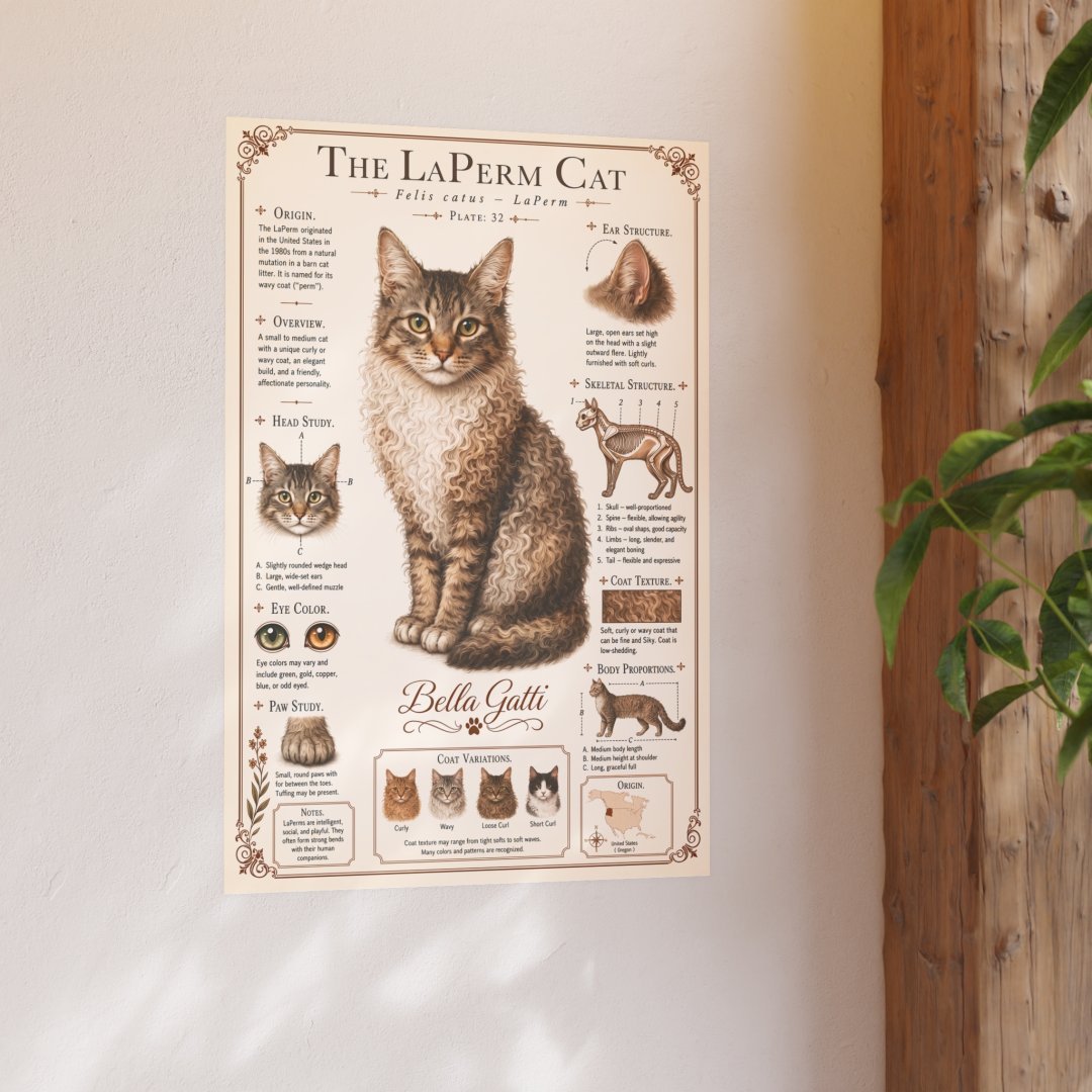 8375653570449255295_2048.jpeg Poster of a LaPerm cat with detailed information and illustrations.