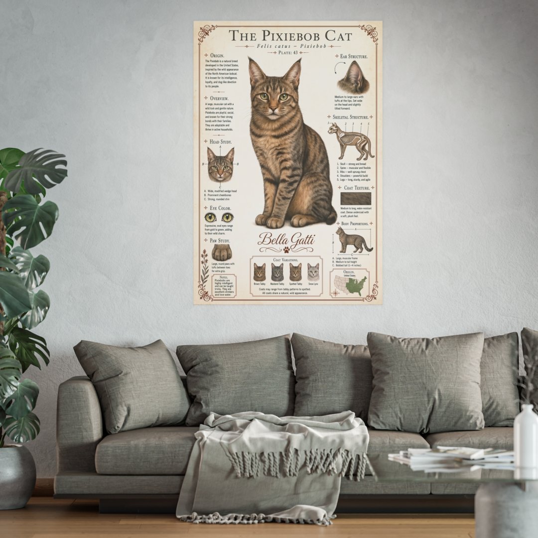 8512729491277790872_2048.jpeg Pixiebob cat poster above a gray sofa with plants.